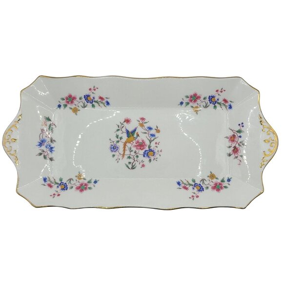 Hammersley Hand-Painted Peacock Porcelain Tray 24k Trim Floral & Bird 14" x 7" - Picture 1 of 9